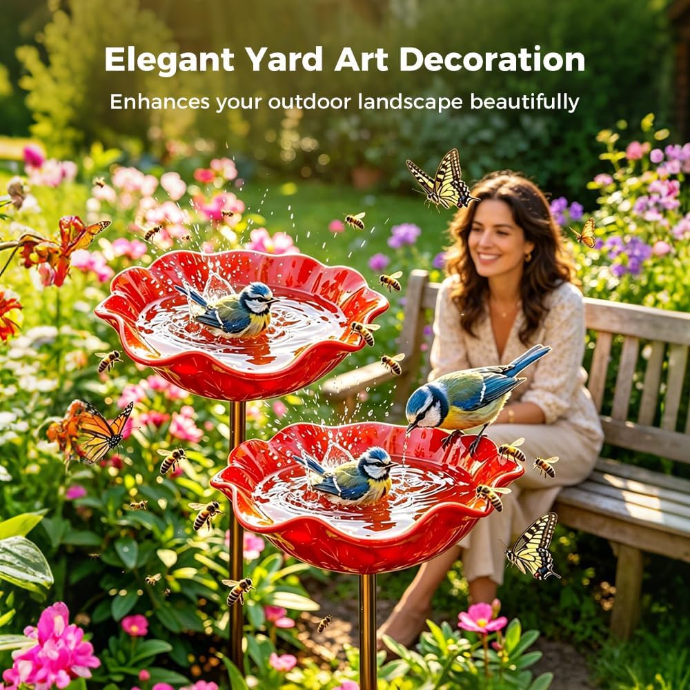 🎁Last Day Promotion 🌸 Handmade Flower Garden Stake Bird Bath🐦